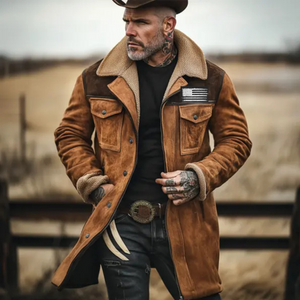 USA FLAG Herren Vintage Wildleder Patchwork Lamm Fleece Multi-Pocket Reverse Kragen Outdoor Jacke Mantel