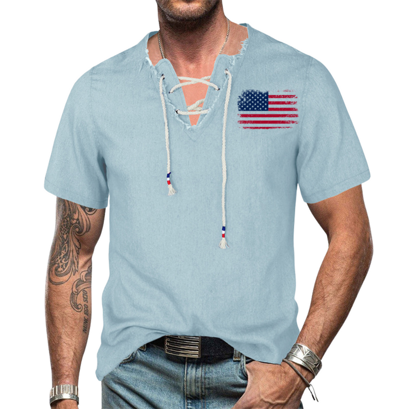 UAS FLAG  V-NECK LACE UP TASSEL DENIM HENRY T-SHIRT TOP