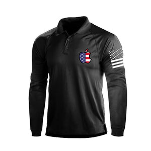 Poloshirt mit langen Ärmeln und Raglanärmeln mit Apfeldruck und USA-Flagge, 1/4-Knopf