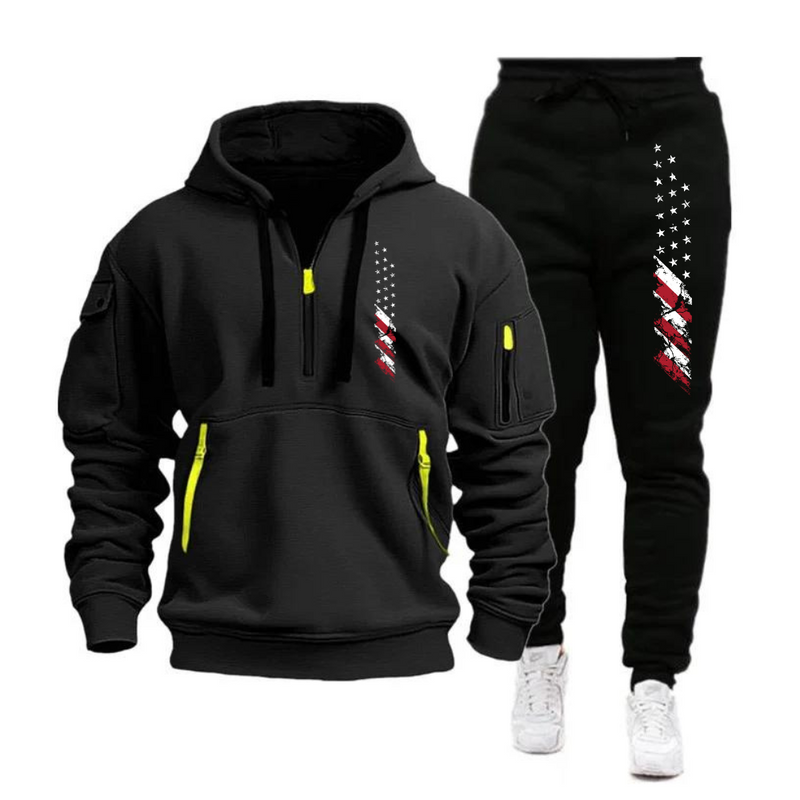 USA FLAG SPORTS HOODIE SET MEN'S MULTI POCKET ZIPPER HOODED SWEATSHIRT SPORTS SUIT SET