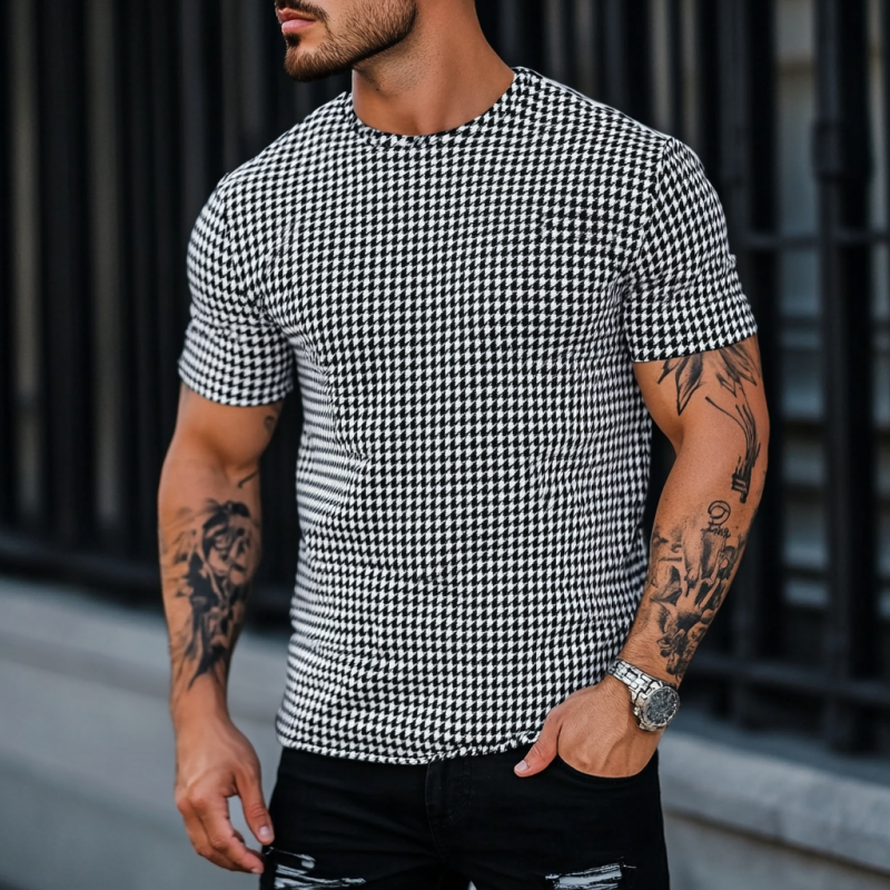 Men's Casual Houndstooth Round Neck Slim Short Sleeve T-Shirt
