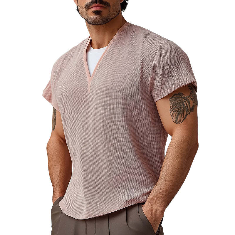 Men's Summer Basic V-neck Textured Short-sleeved T-shirt
