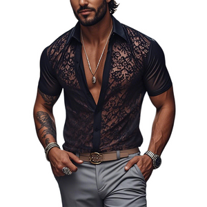 Men's Spring Fashion Sexy Lace Slim Black Short Sleeve Shirt