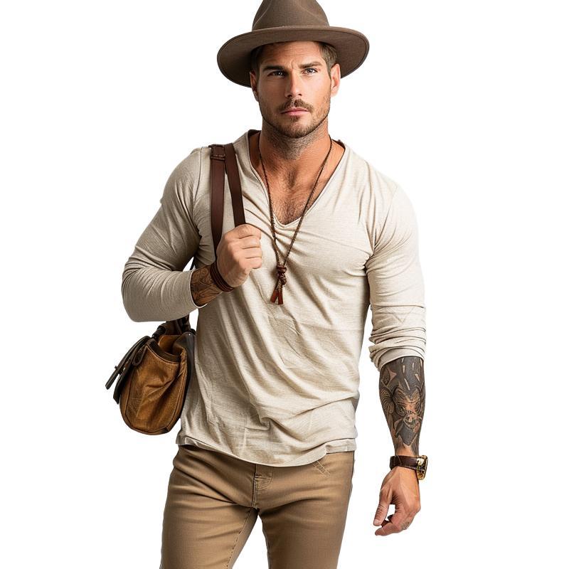 Lässiges Herren-T-Shirt aus Baumwolle mit V-Ausschnitt und schmaler Passform und langen Ärmeln