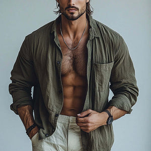 Men's Cotton Solid Lapel Loose Shirt