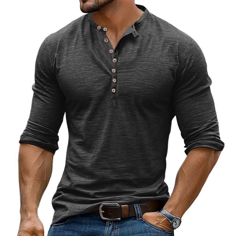 Lässiges Langarm-T-Shirt mit Henley-Kragen und mehreren Knöpfen für Herren