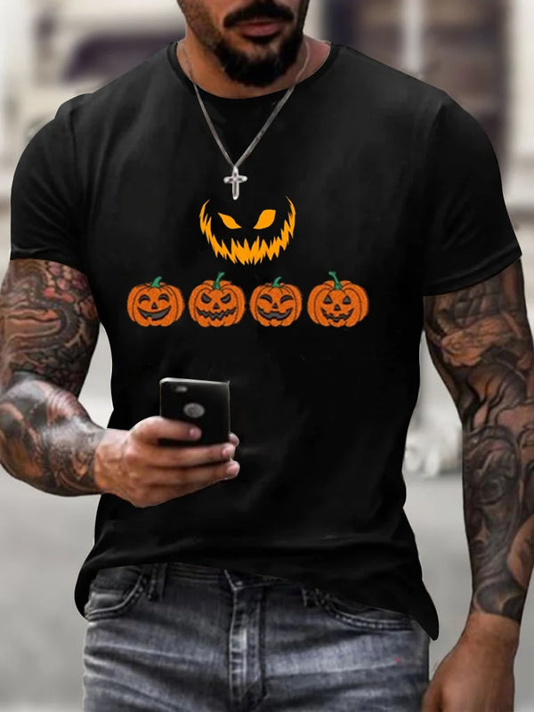 Men's Halloween Pumpkin Print Crew Neck Cotton T-Shirt