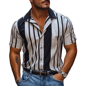 Herren Retro Casual Vertikalstreifen bedrucktes Chiffon-Kurzarmhemd