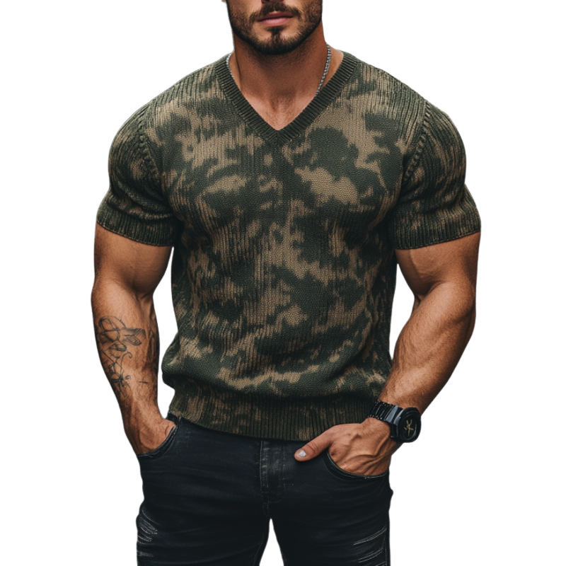 Men's Outdoor Camouflage Jacquard V-Neck Slim Fit Knitted Short Sleeve Sweater T-Shirt