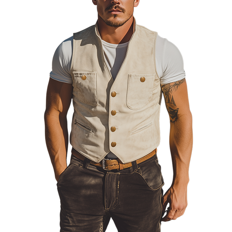 Herren-Weste aus Wildleder im Retro-Western-Stil mit mehreren Taschen, Frühlingsmode
