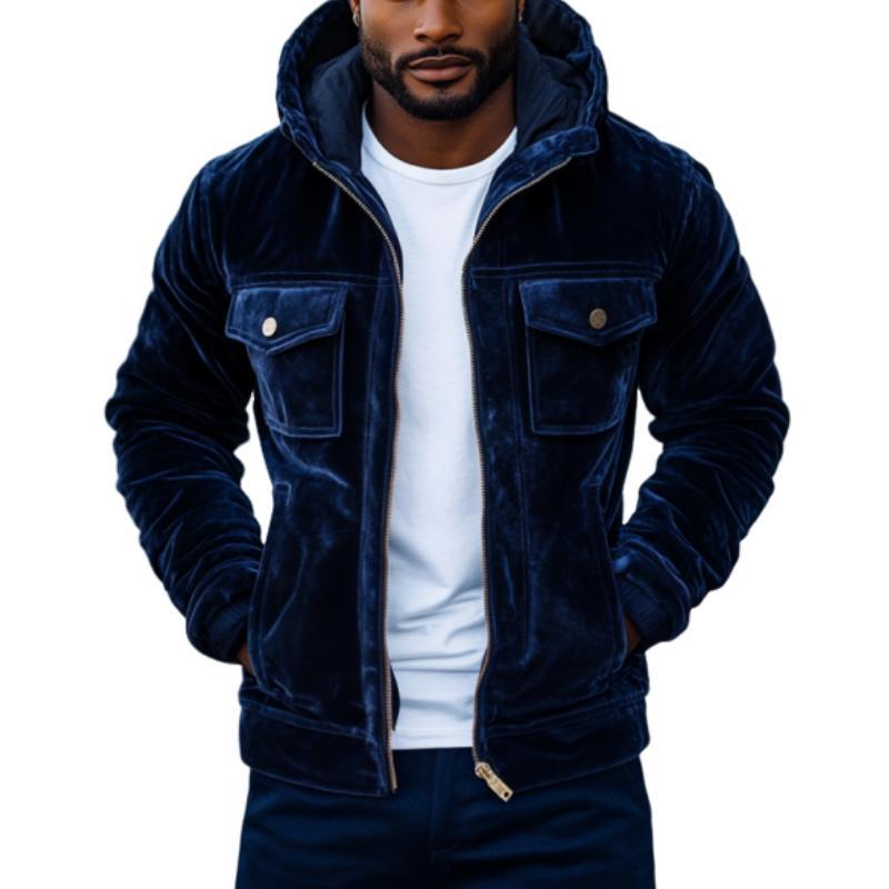 Men's Vintage Velvet Multi-Pocket Zipper Slim Fit Hooded Jacket