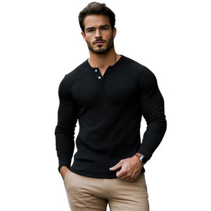 Men's Casual Rib Stripe Henley Collar Slim Fit Long Sleeve T-Shirt