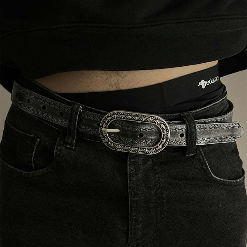 Men's Vintage Distressed Engraved Embossed Genuine Leather Belt 44748904U