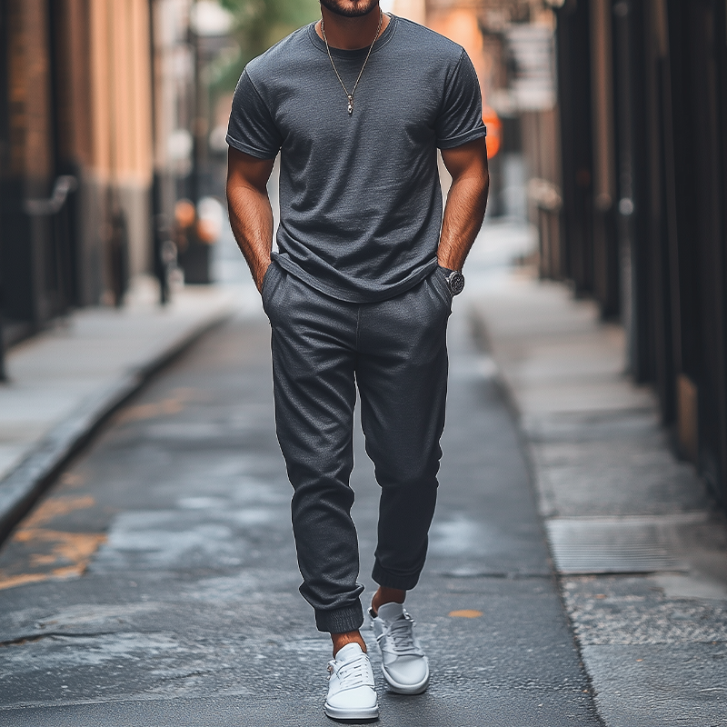 Herren Frühlingsmode Lässig Lose Bambus Baumwolle Gemischt T-shirt Gewölbte Casual Hosen Set