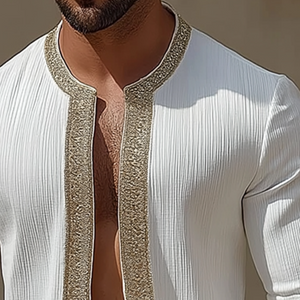 Herren Retro Casual Gestreiftes Langarmhemd ohne Kragen