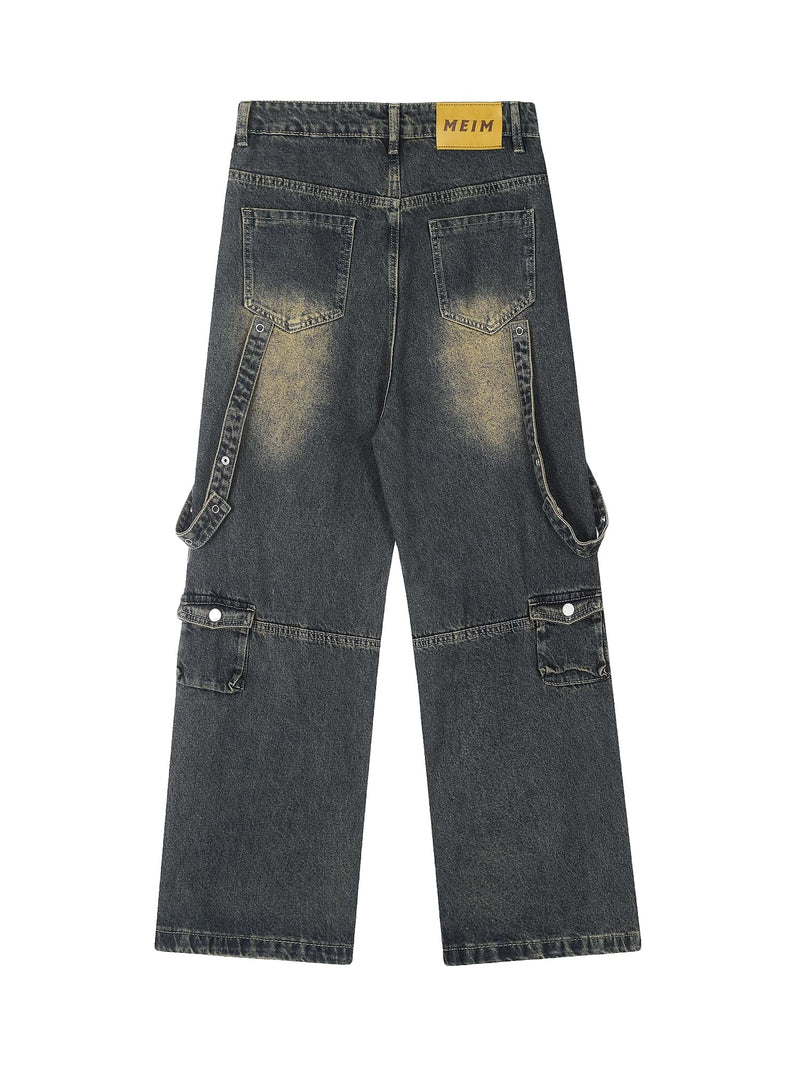 Vintage Washed Web Rivets Hip-Hop Jeans