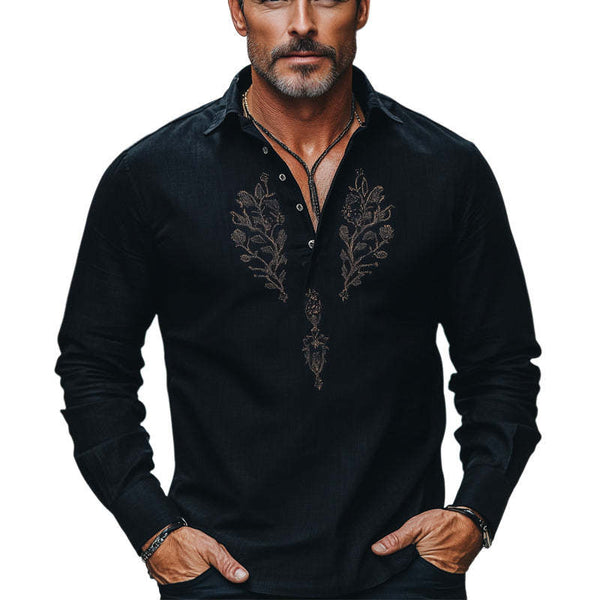 Men's Comfortable Cotton And Linen Embroidered Button Collar T-Shirt