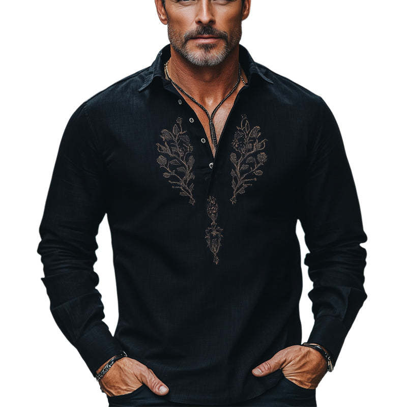 Bequemes Herren-T-Shirt aus Baumwolle und Leinen mit besticktem Knopfkragen