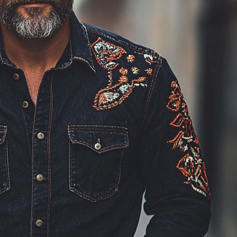 Herren-Jeanshemd mit Vintage-Stickerei und langen Ärmeln