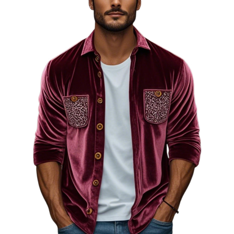 Herren Frühlingsmode Retro Stickerei Samt Langarmhemd