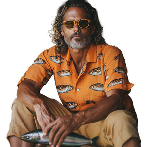 Men's Spring Fashion Sardines Print Short Sleeve Shirt