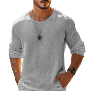 Men's Casual Cotton Linen Round Neck Loose Long Sleeve T-Shirt