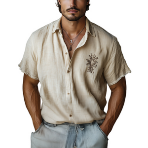 Men's Casual Skin-friendly Khaki Tencel Embroidered Short-sleeved Shirt