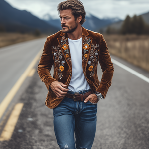 Klassischer, einreihiger Retro-Slim-Fit-Blazer für Herren mit Samtstickerei