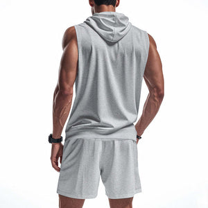 Einfarbiges, ärmelloses Sport-Hoodie-Shorts-Zweiteiler-Set für Herren