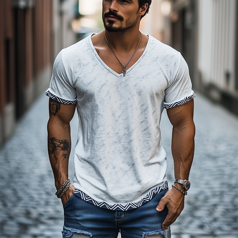 Men's Classic Casual V-Neck Printed Cotton Short Sleeve T-Shirt