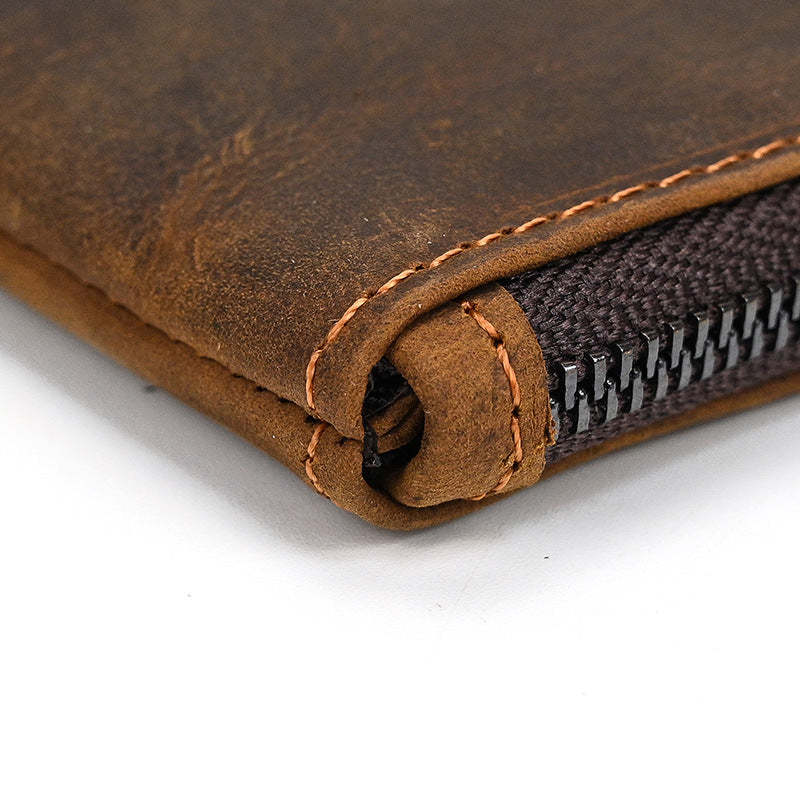 Herren Vintage Crazy Horse Leder Große Kapazität Reißverschluss Lange Brieftasche 