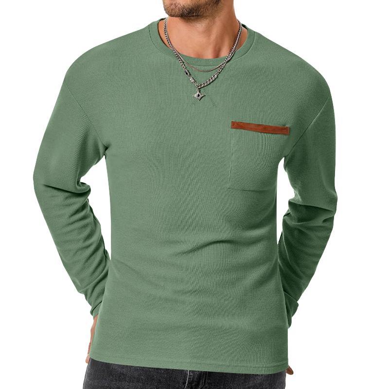 Lässiges Herren-T-Shirt mit Waffelmuster, Rundhalsausschnitt, aufgesetzter Tasche, Slim Fit, Langarm