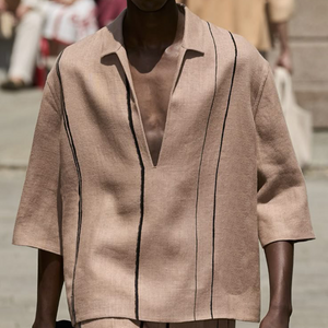 Men's Spring And Summer Fashion Casual V-neck Cotton And Linen Three-quarter Sleeve Shirt