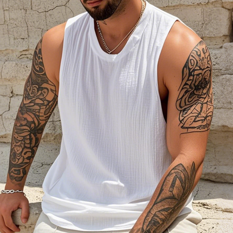 Lässiges Herren-Tanktop aus Baumwolle und Leinen mit Rundhalsausschnitt und Plissee