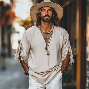 Men's Casual Khaki Loose Deep V Neck Tassel T-Shirt