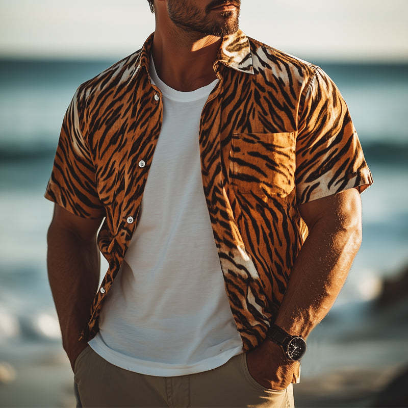 Herren Sommer Komfort Tiger Print Freizeithemd