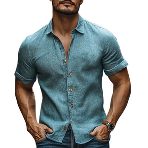 Lässiges Herrenhemd aus Baumwolle und Leinen mit kurzen Ärmeln und Revers