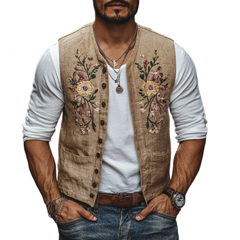 Herren Casual Leinen Blumenstickerei Einreihig Slim Fit Anzugweste