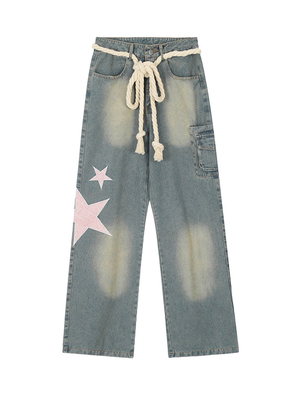 Pentagram Embroidered Loose Straight Leg Pants