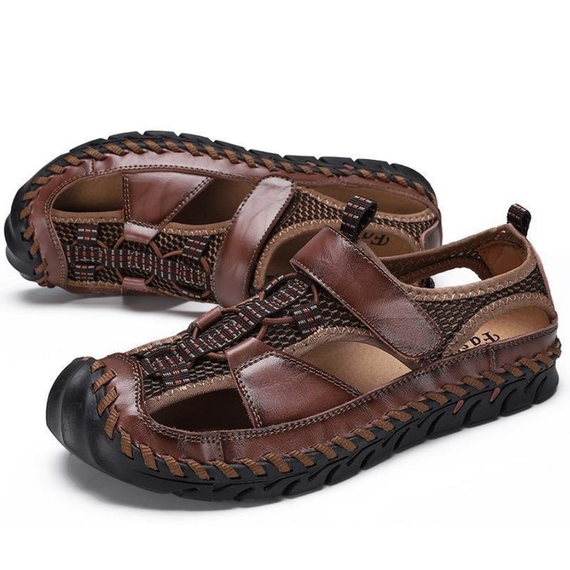 Men Large Size Hand Stitching Closed Toe Mesh Splicing Outdoor Leather Sandals