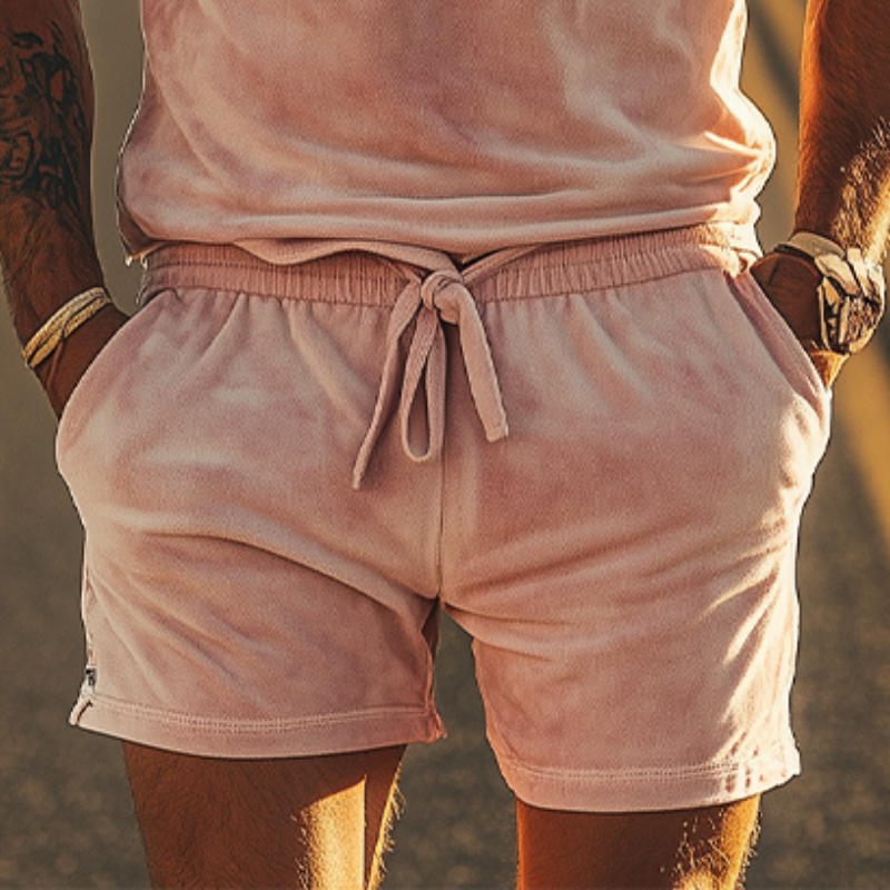 Men's Spring Fashion Casual Slim Embroidered Suede Short Sleeve T-shirt Shorts Set