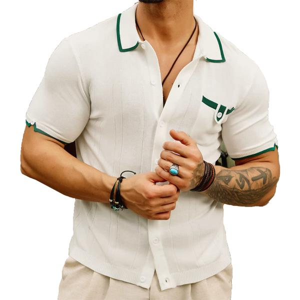 Men's Casual Contrast Stitching Knitted Slim Fit Short Sleeve Shirt