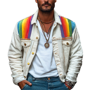 Men's Rainbow Fabric Patchwork White Denim Jacket