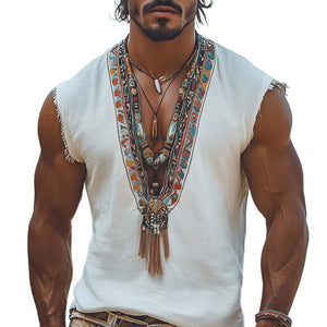 Herren Sommer Retro Tank Top mit tiefem V-Ausschnitt und Stickerei
