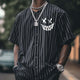 Men's Retro Casual Striped Smiley Face Hip Hop Baseball Button Short Sleeve T-Shirt