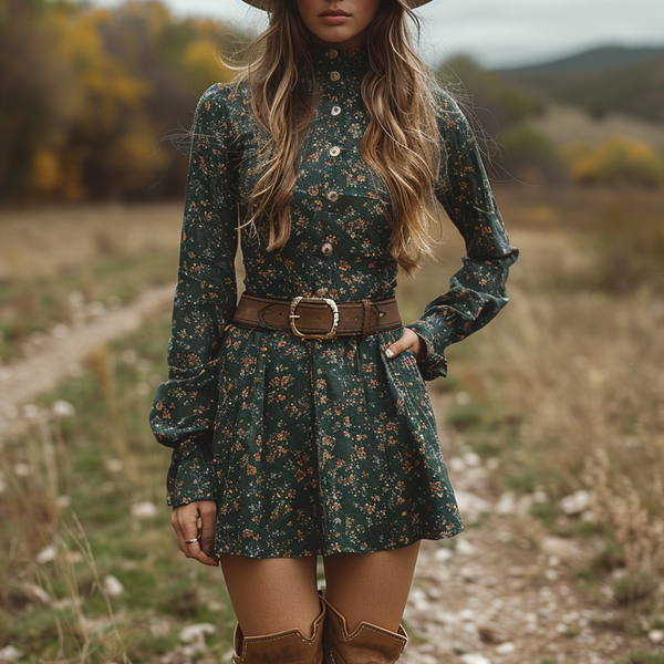 Autumn And Winter Retro V-neck Women's Floral Long-sleeved Dress Bohemian Pastoral Style Dress