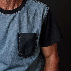 Men's Thin Denim Ptachwork Round Neck Short Sleeve T-Shirt