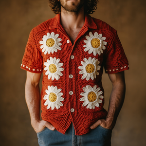 Lässiger Herren-Cardigan mit Revers, einreihig, Gänseblümchen-Stickerei, gestrickt, kurzärmelig