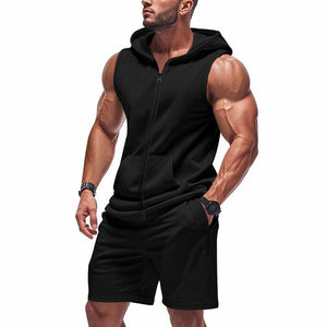 Einfarbiges, ärmelloses Sport-Hoodie-Shorts-Zweiteiler-Set für Herren