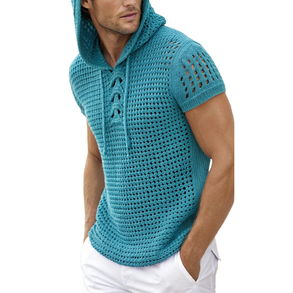 Men's Summer Fashion Casual Hooded Hollow Knitted Short Sleeve T-shirt